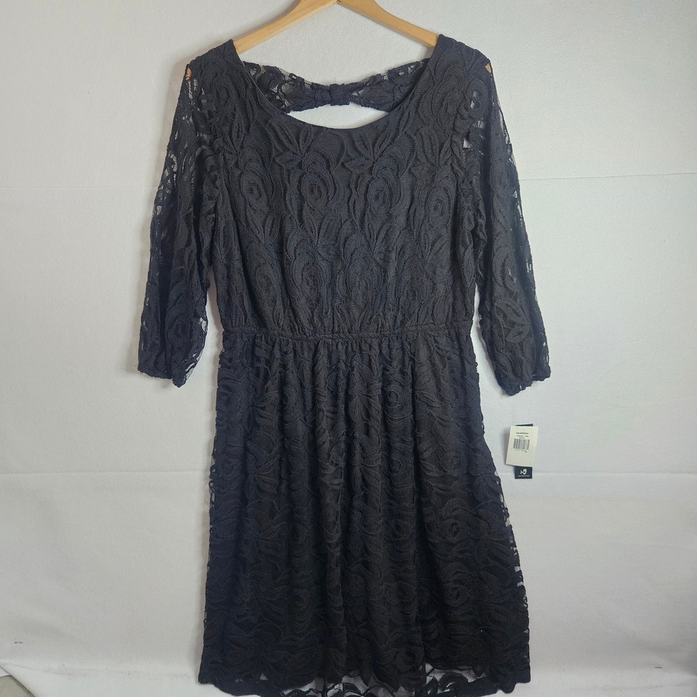 ING‎ Collection Black Floral Lace Dress 1X Plus Size Bow Back 3/4 Sleeve NEW